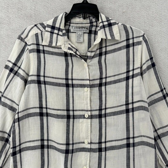 Talbots Collection Blouse Womens 4 Ivory & Black Plaid Button Up 100% Linen Top - Picture 3 of 14